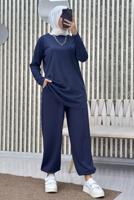 Tesettür giyim LACİVERT BELİ LASTİKLİ PANTOLONLU TAKIM T 5690