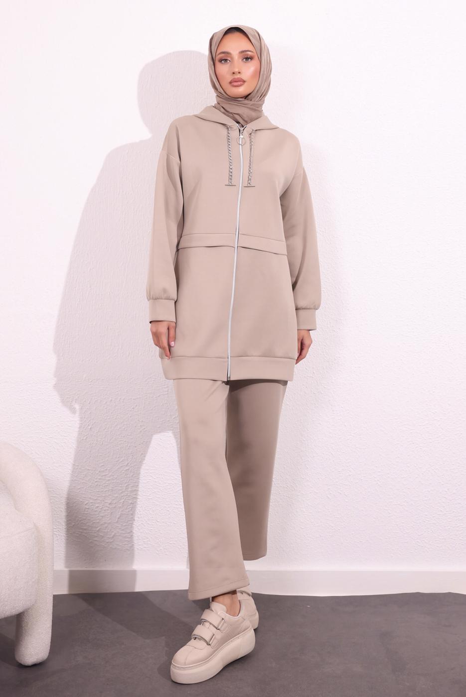Tesettür giyim BEJ PANTOLONLU SCUBA TAKIM T 6654