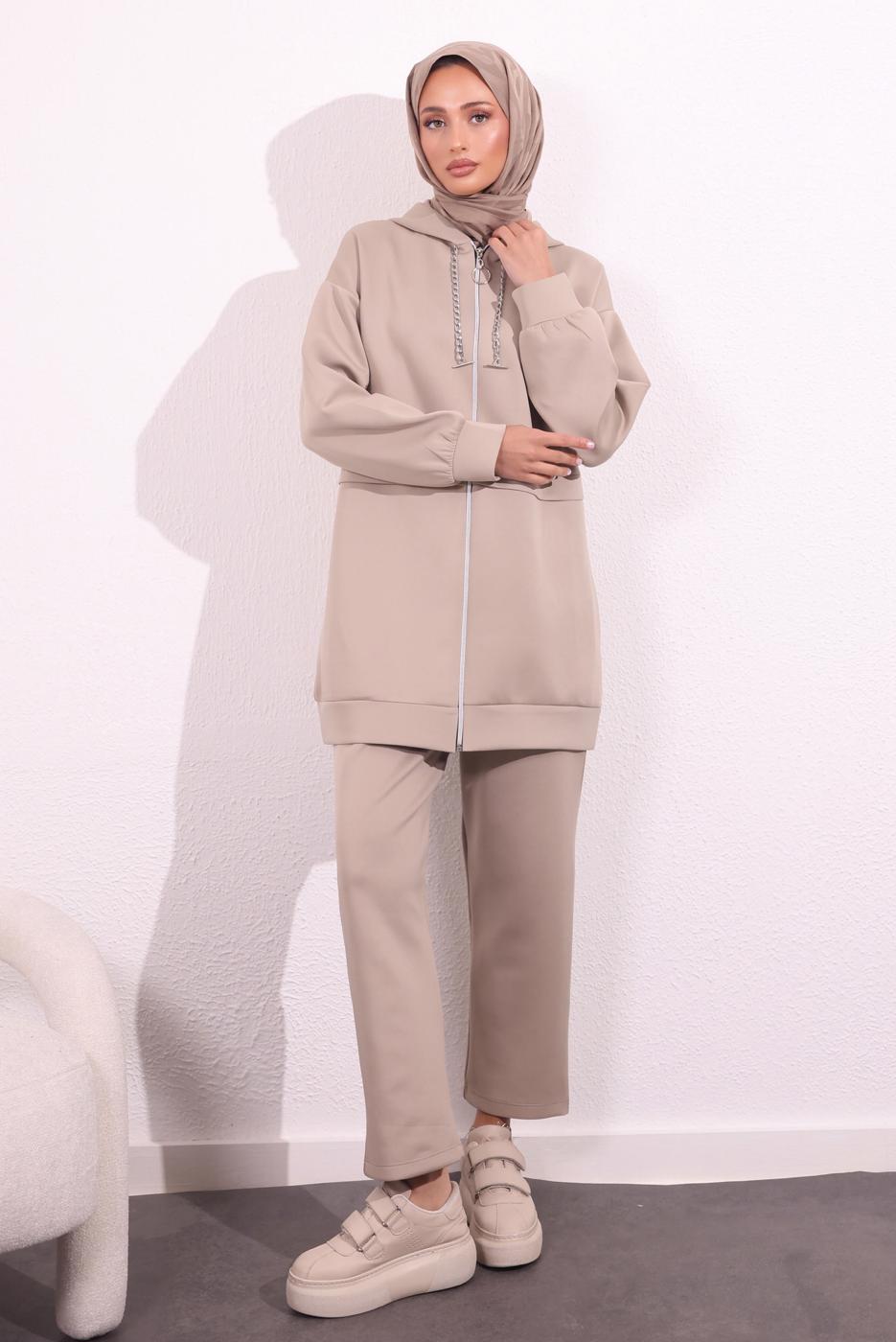 Tesettür giyim BEJ PANTOLONLU SCUBA TAKIM T 6654
