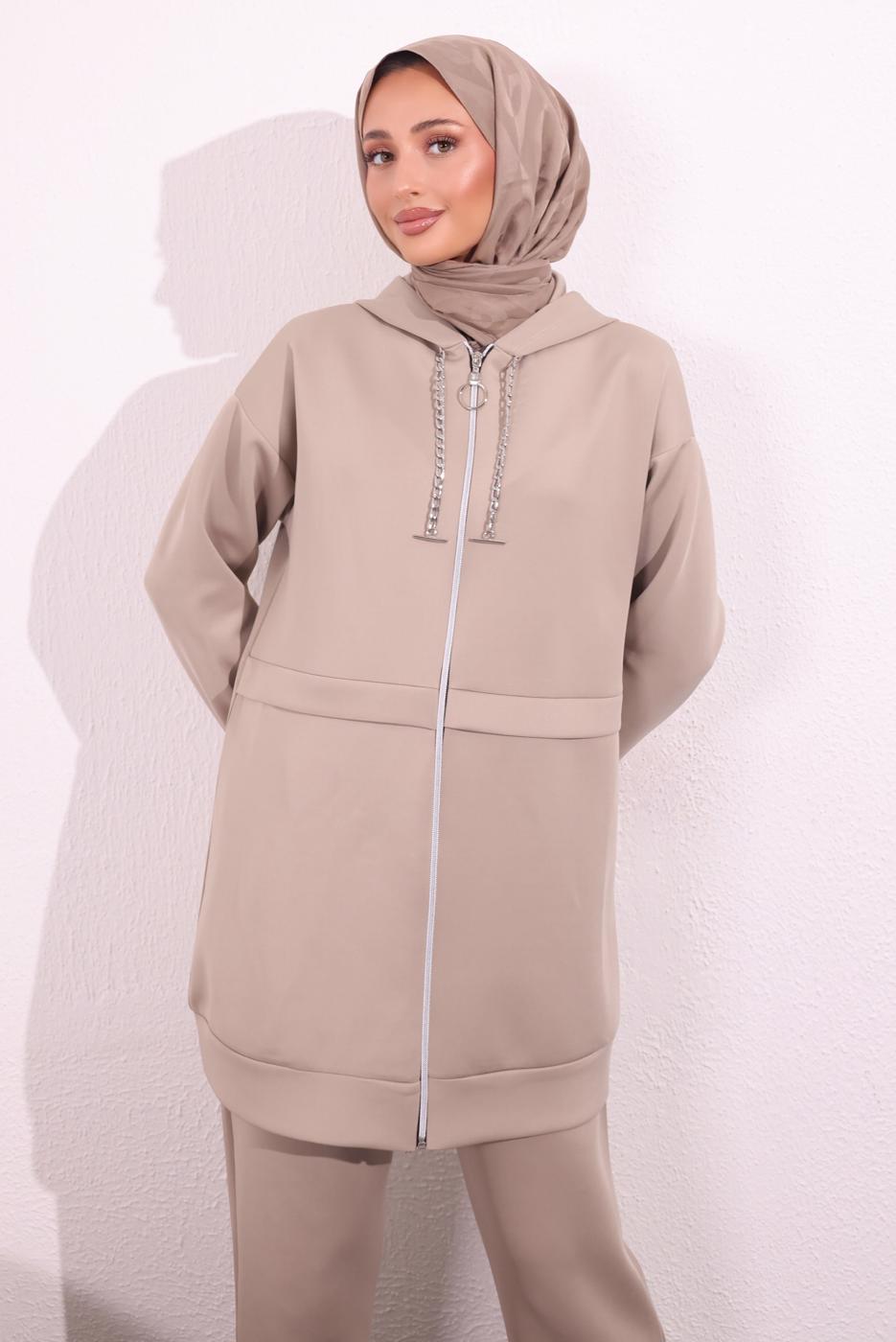 Tesettür giyim BEJ PANTOLONLU SCUBA TAKIM T 6654