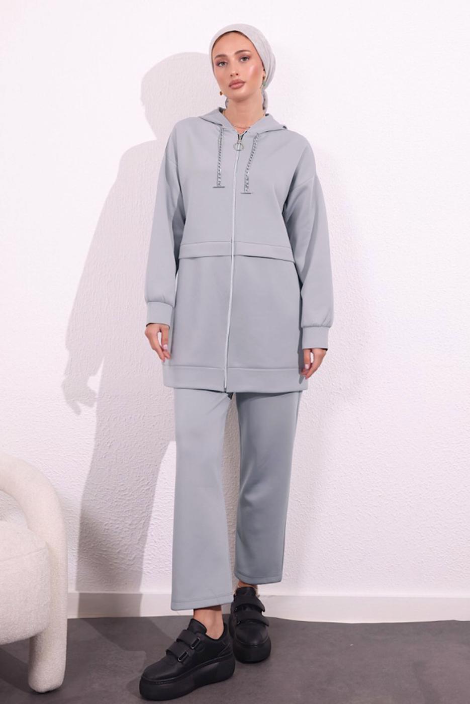 Tesettür giyim GRİ PANTOLONLU SCUBA TAKIM T 6654