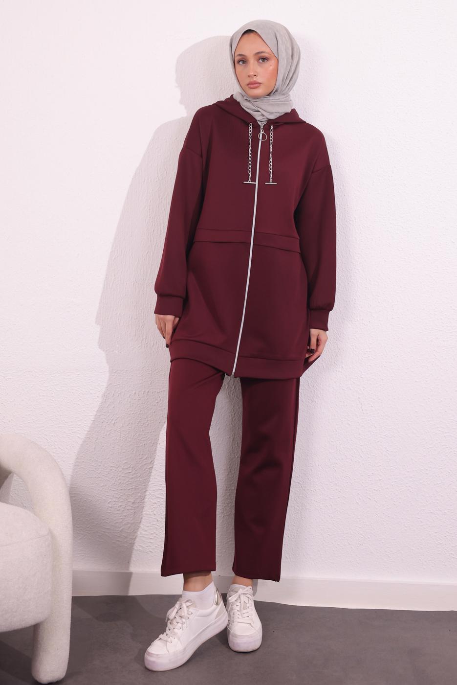 Tesettür giyim BORDO PANTOLONLU SCUBA TAKIM T 6654