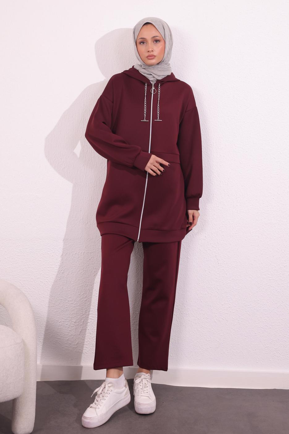 Tesettür giyim BORDO PANTOLONLU SCUBA TAKIM T 6654