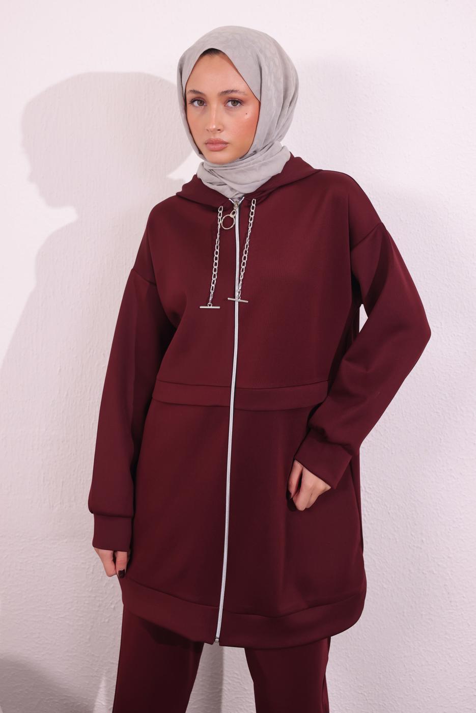 Tesettür giyim BORDO PANTOLONLU SCUBA TAKIM T 6654
