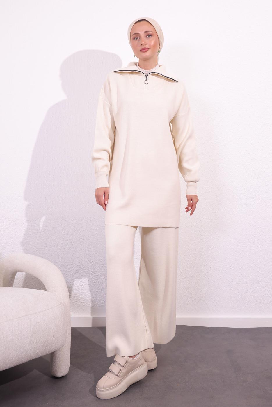 Tesettür giyim KREM PANTOLONLU TRİKO TAKIM T 7309