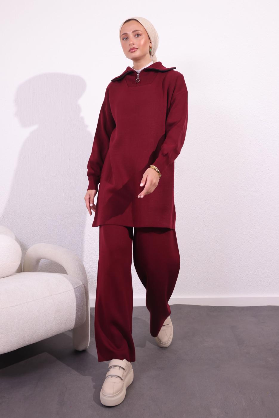 Tesettür giyim BORDO PANTOLONLU TRİKO TAKIM T 7309