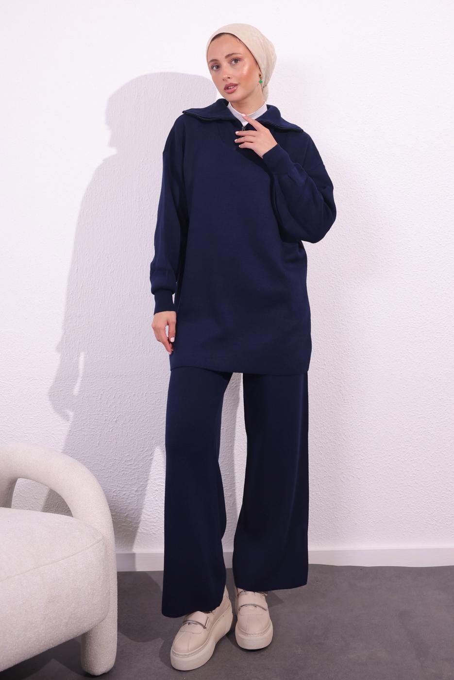 Tesettür giyim LACİVERT PANTOLONLU TRİKO TAKIM T 7309