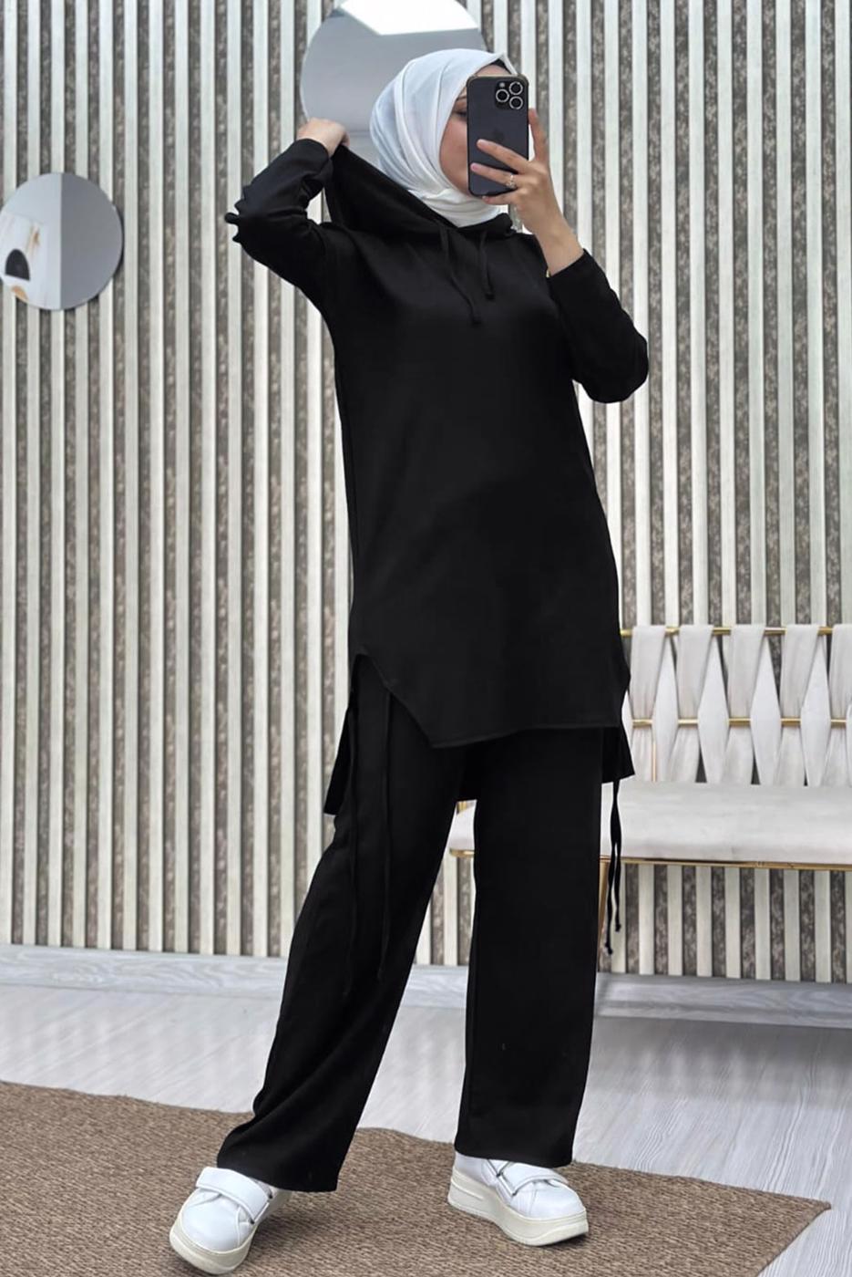 Tesettür giyim SİYAH KAPÜŞONLU PANTOLONLU TAKIM T 7865