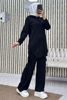 Tesettür giyim SİYAH KAPÜŞONLU PANTOLONLU TAKIM T 7865