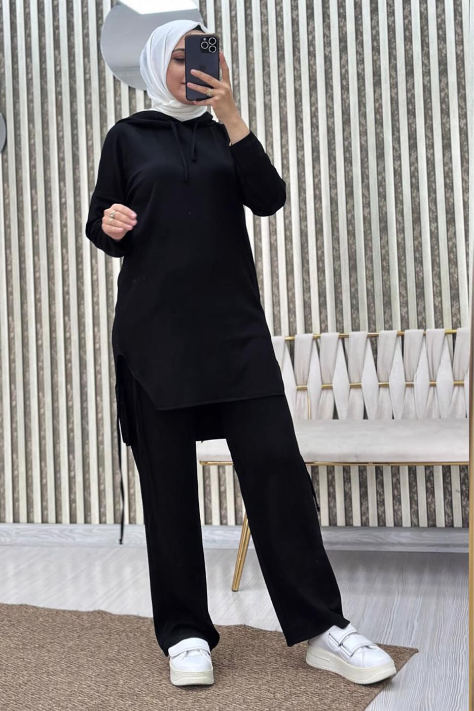 Tesettür giyim SİYAH KAPÜŞONLU PANTOLONLU TAKIM T 7865