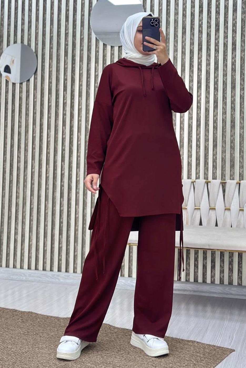 Tesettür giyim BORDO KAPÜŞONLU PANTOLONLU TAKIM T 7865