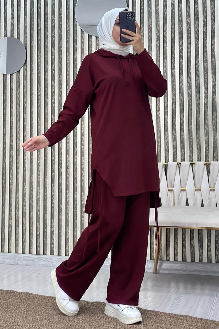 Tesettür giyim BORDO KAPÜŞONLU PANTOLONLU TAKIM T 7865
