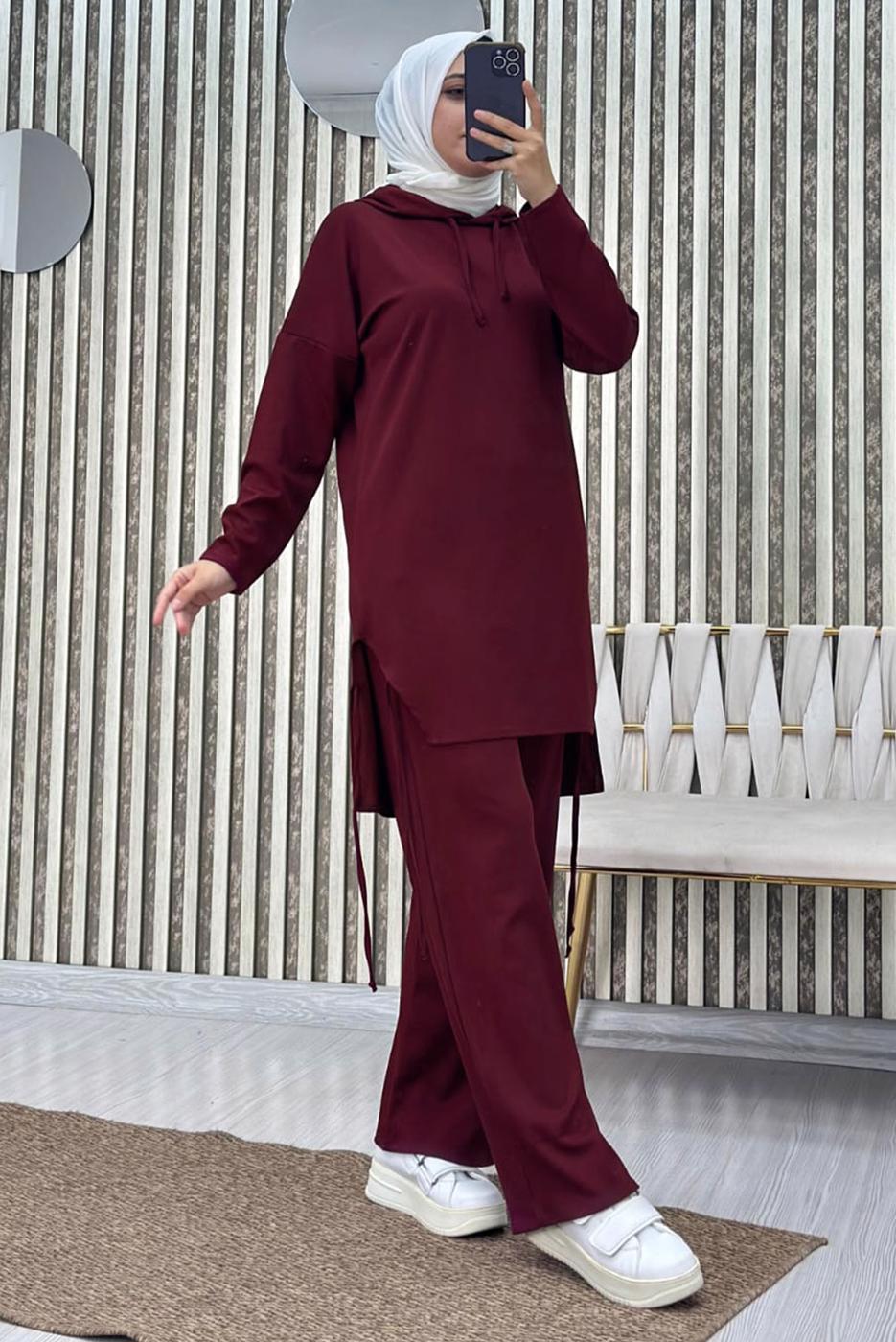 Tesettür giyim BORDO KAPÜŞONLU PANTOLONLU TAKIM T 7865