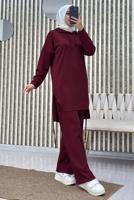 Tesettür giyim BORDO KAPÜŞONLU PANTOLONLU TAKIM T 7865