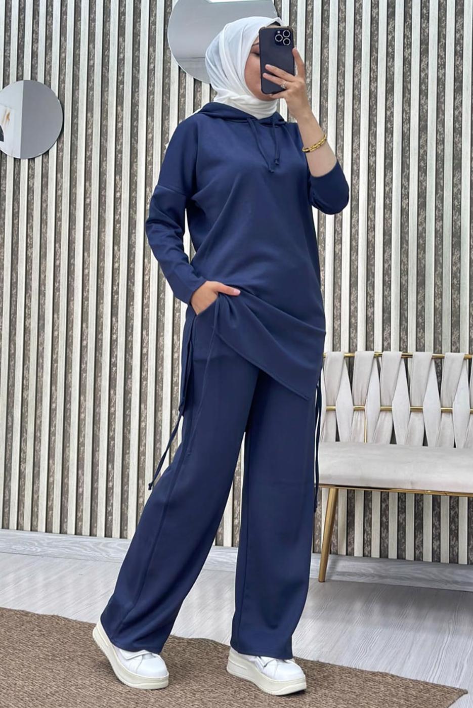 Tesettür giyim LACİVERT KAPÜŞONLU PANTOLONLU TAKIM T 7865