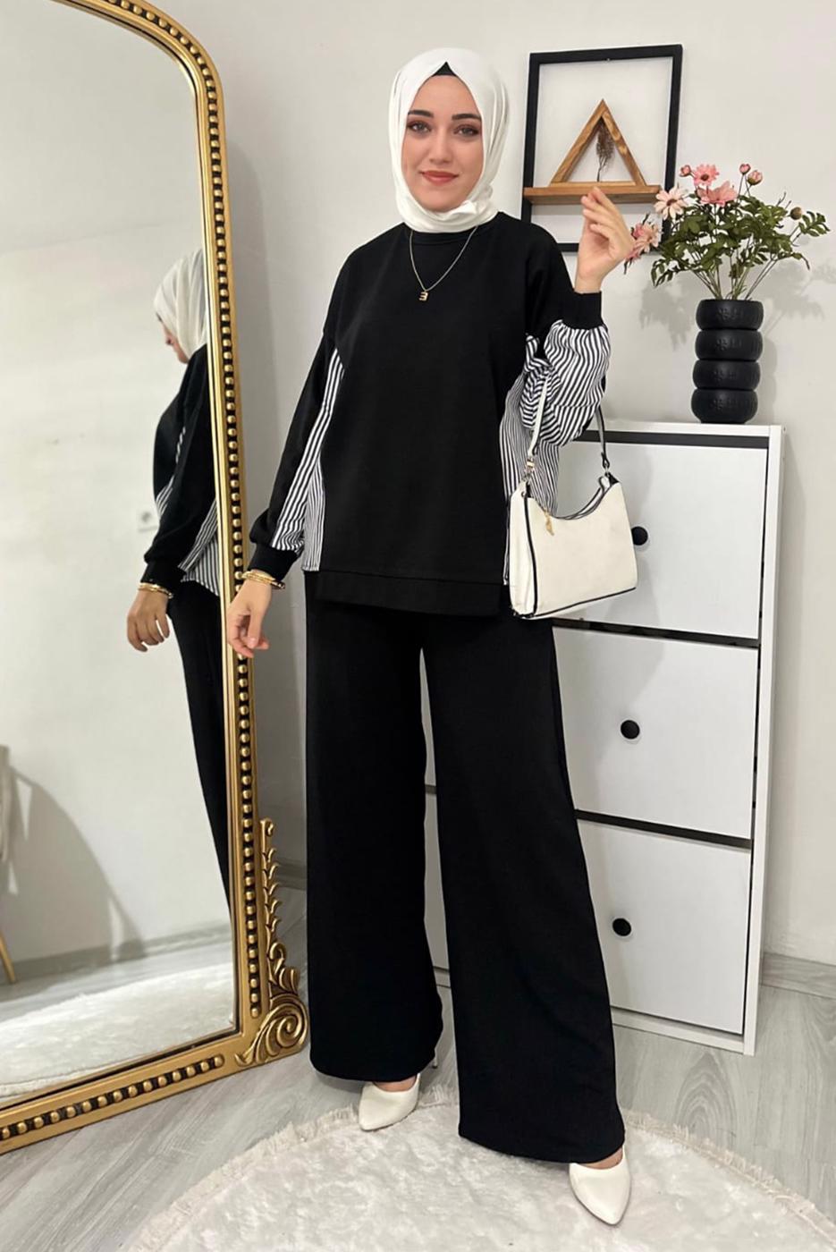 Tesettür giyim SİYAH ÇİZGİLİ PANTOLONLU TAKIM T 7965