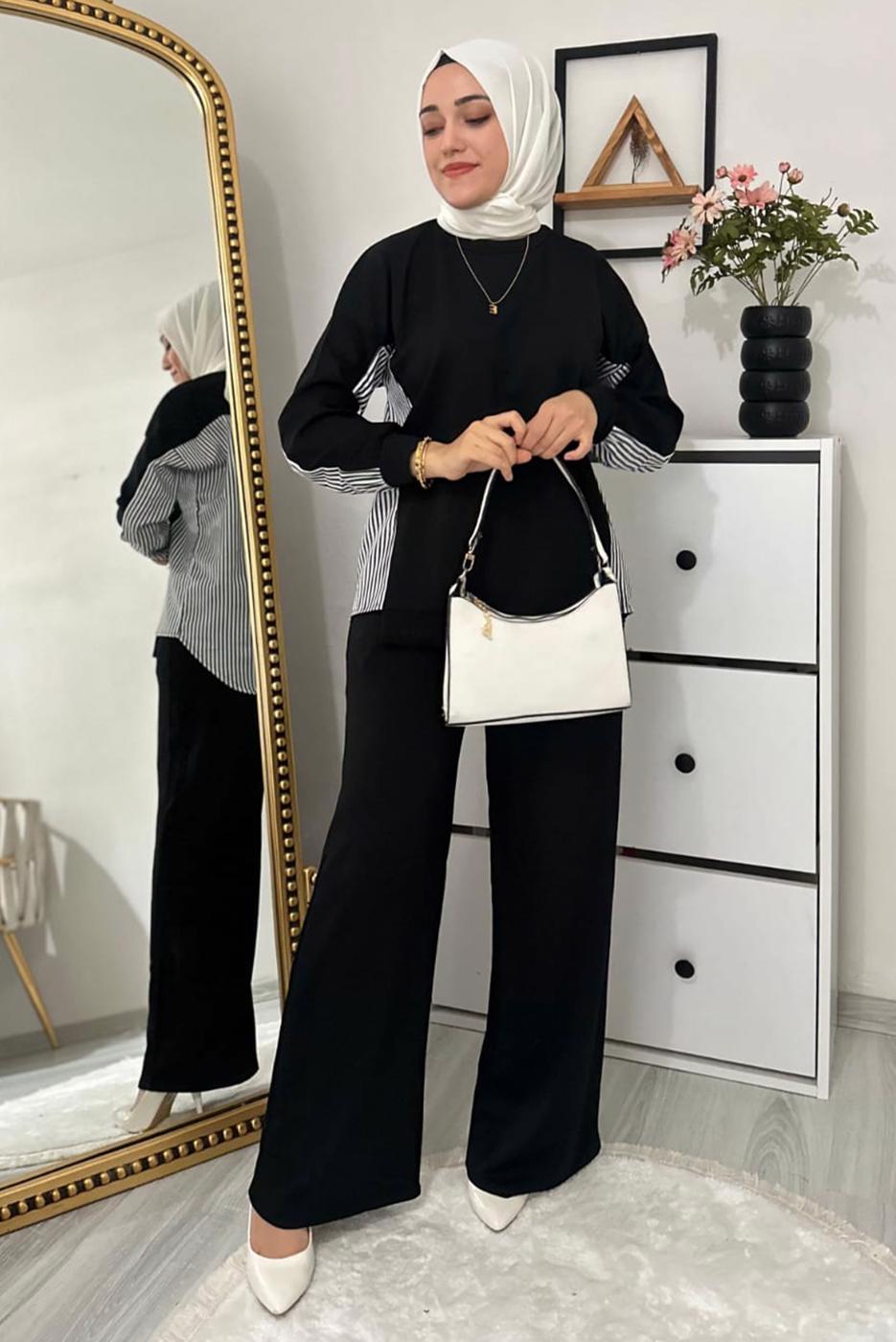 Tesettür giyim SİYAH ÇİZGİLİ PANTOLONLU TAKIM T 7965