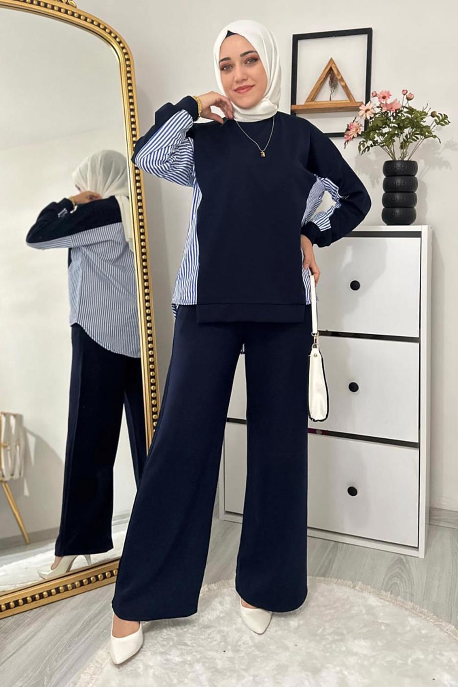 Tesettür giyim LACİVERT ÇİZGİLİ PANTOLONLU TAKIM T 7965