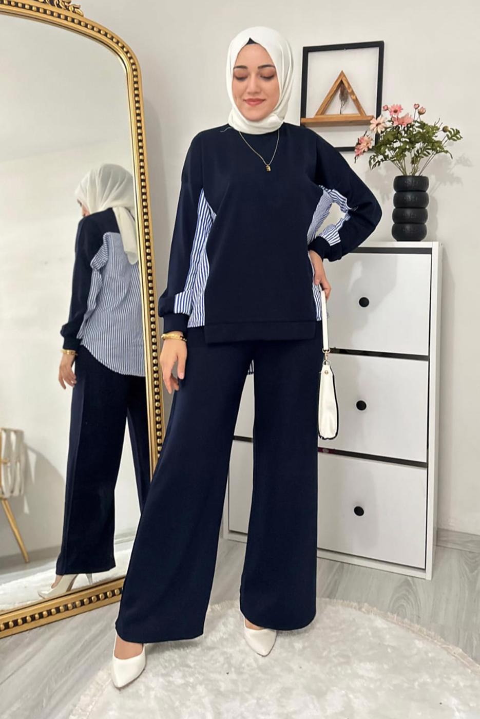 Tesettür giyim LACİVERT ÇİZGİLİ PANTOLONLU TAKIM T 7965