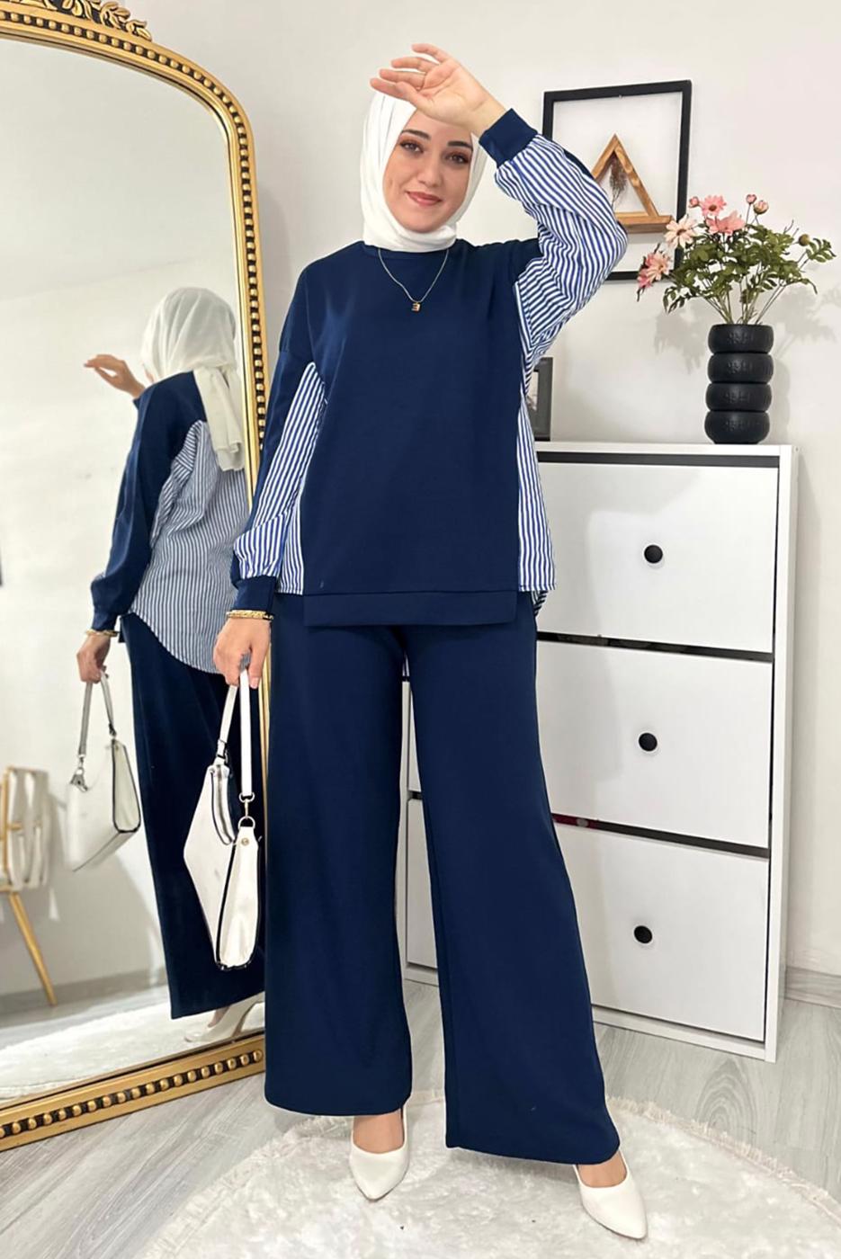 Tesettür giyim LACİVERT ÇİZGİLİ PANTOLONLU TAKIM T 7965