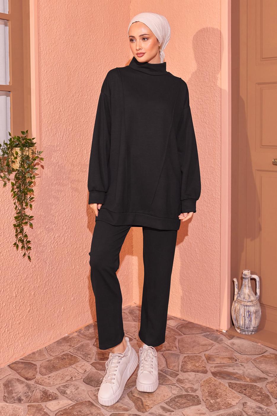 Tesettür giyim SİYAH ÖRME PANTOLONLU EŞOFMAN TAKIM T 8044