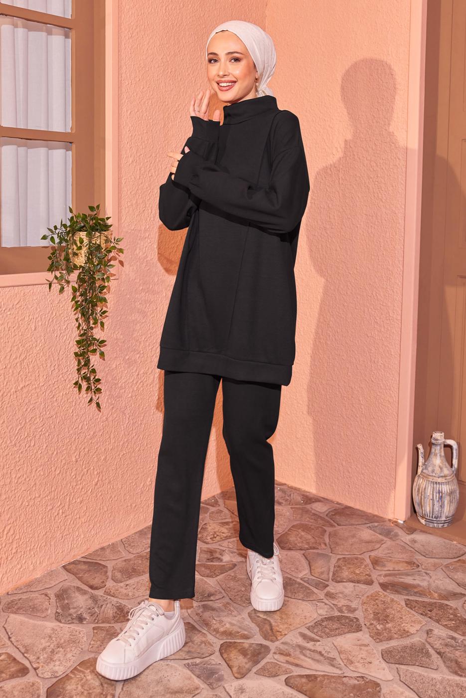 Tesettür giyim SİYAH ÖRME PANTOLONLU EŞOFMAN TAKIM T 8044