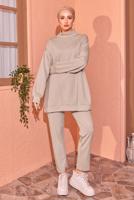 Tesettür giyim BEJ ÖRME PANTOLONLU EŞOFMAN TAKIM T 8044