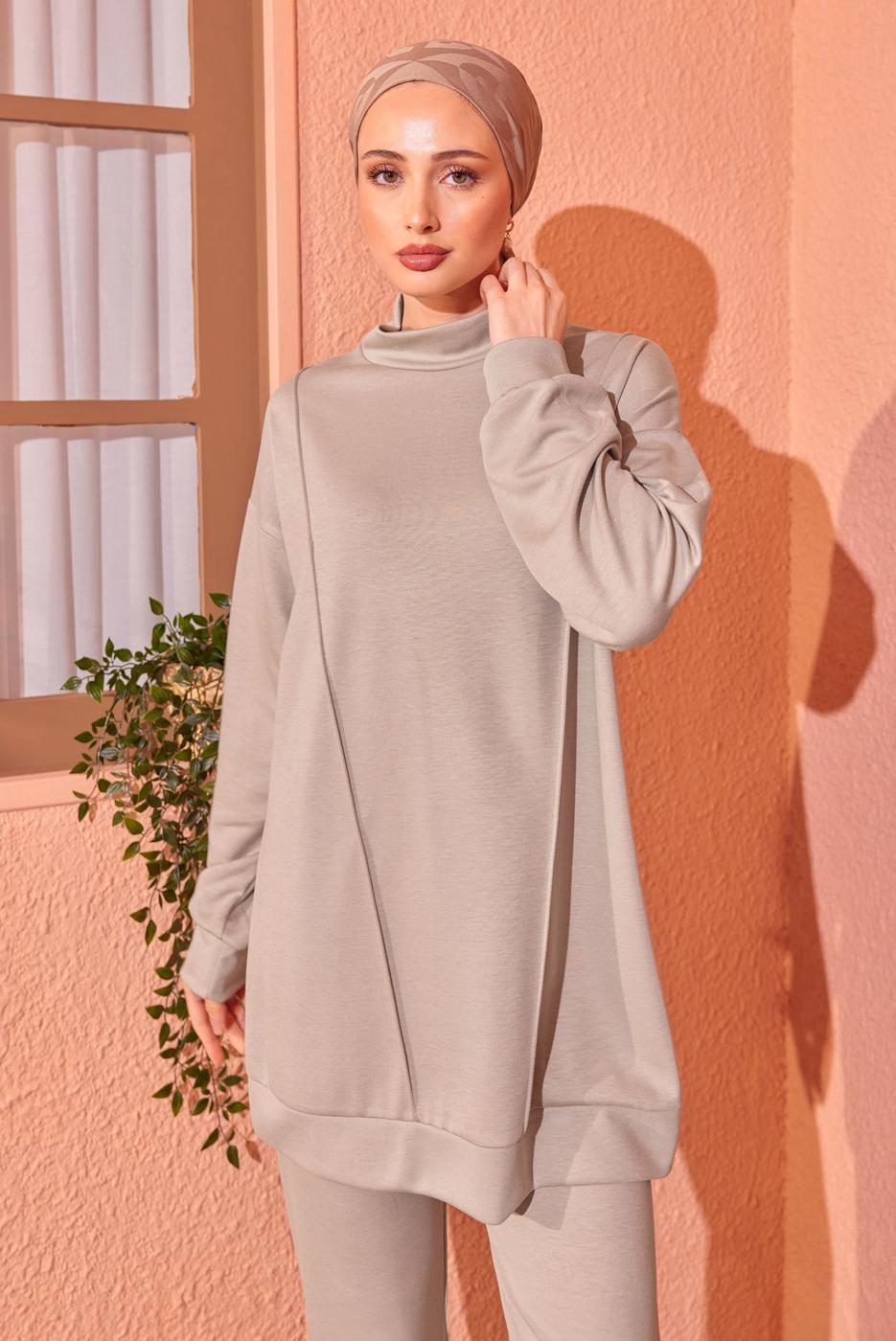 Tesettür giyim BEJ ÖRME PANTOLONLU EŞOFMAN TAKIM T 8044