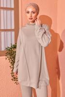 Tesettür giyim BEJ ÖRME PANTOLONLU EŞOFMAN TAKIM T 8044