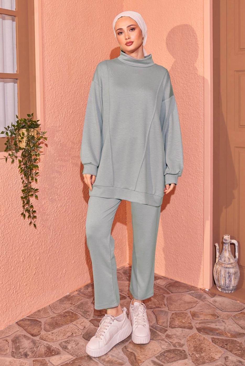 Tesettür giyim GRİ ÖRME PANTOLONLU EŞOFMAN TAKIM T 8044