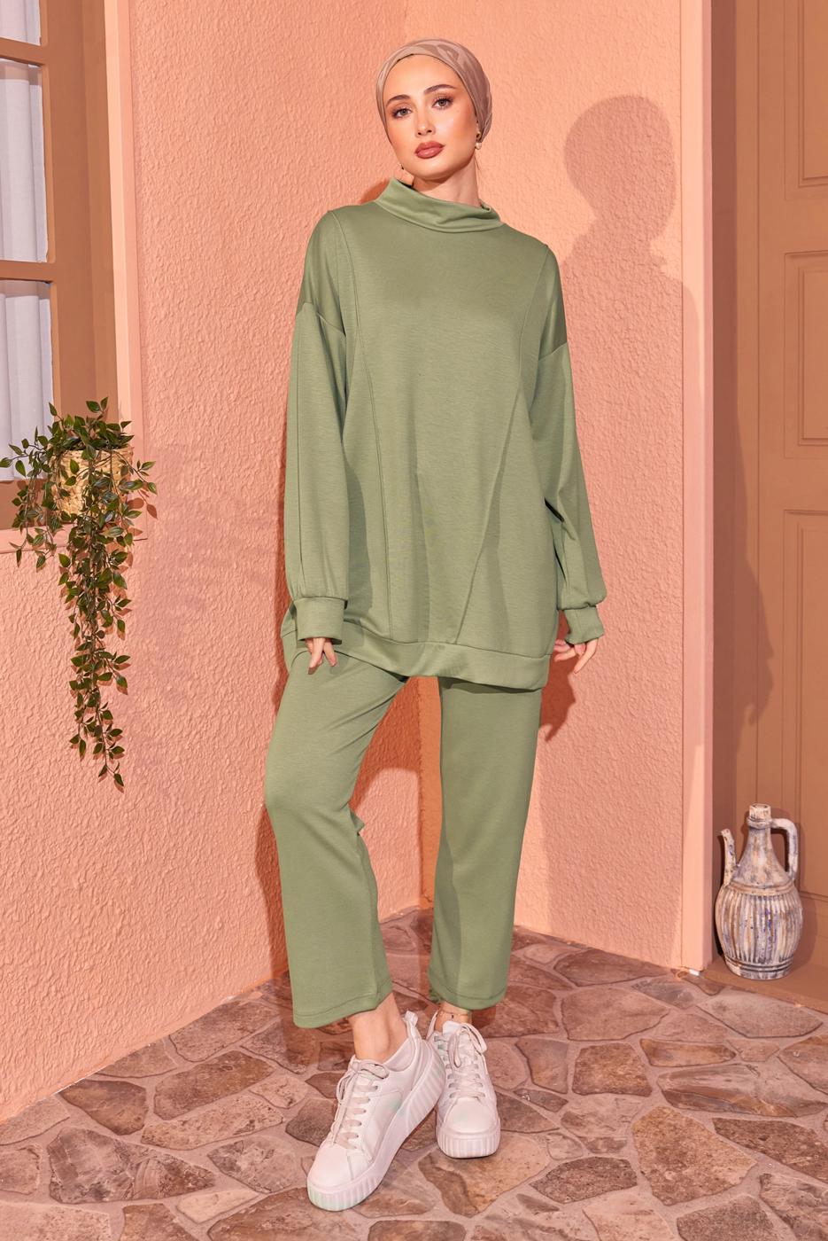 Tesettür giyim HAKİ ÖRME PANTOLONLU EŞOFMAN TAKIM T 8044