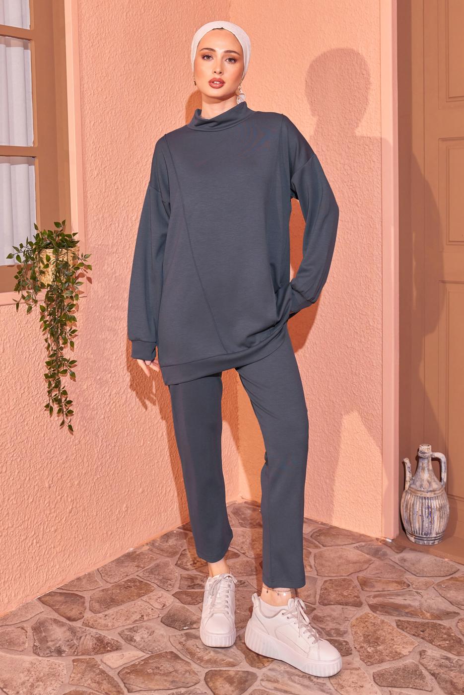 Tesettür giyim GRİ ÖRME PANTOLONLU EŞOFMAN TAKIM T 8044