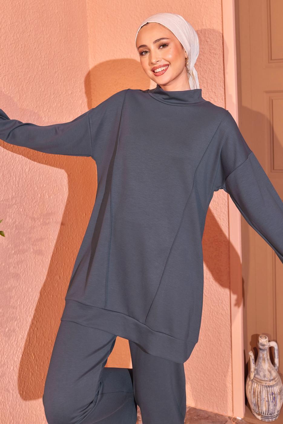 Tesettür giyim GRİ ÖRME PANTOLONLU EŞOFMAN TAKIM T 8044