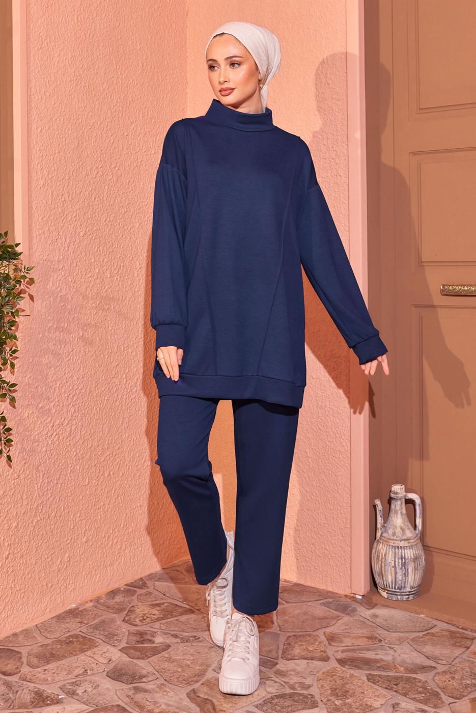 Tesettür giyim LACİVERT ÖRME PANTOLONLU EŞOFMAN TAKIM T 8044