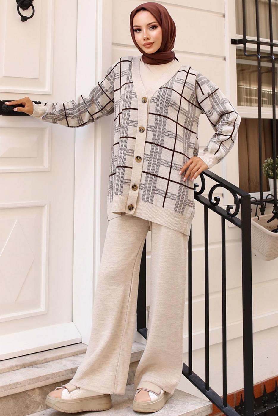 Tesettür giyim BEJ PANTOLONLU TRİKO TAKIM T 81142