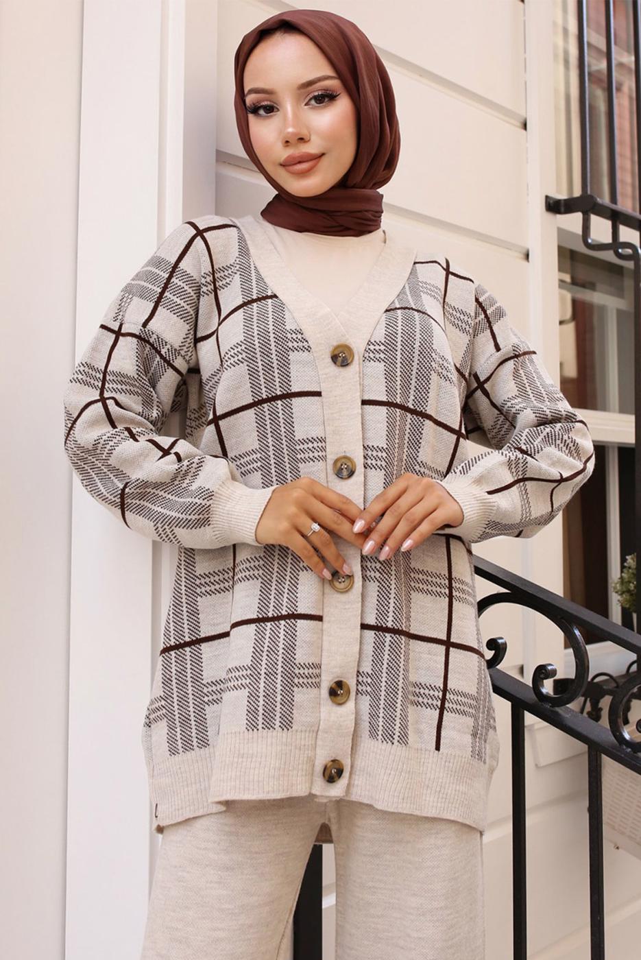 Tesettür giyim BEJ PANTOLONLU TRİKO TAKIM T 81142