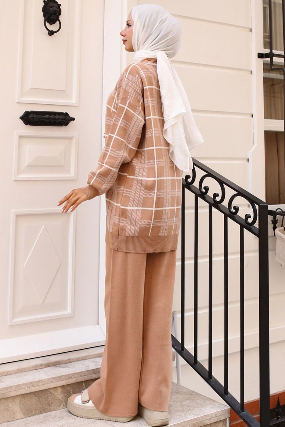 Tesettür giyim KAHVE PANTOLONLU TRİKO TAKIM T 81142