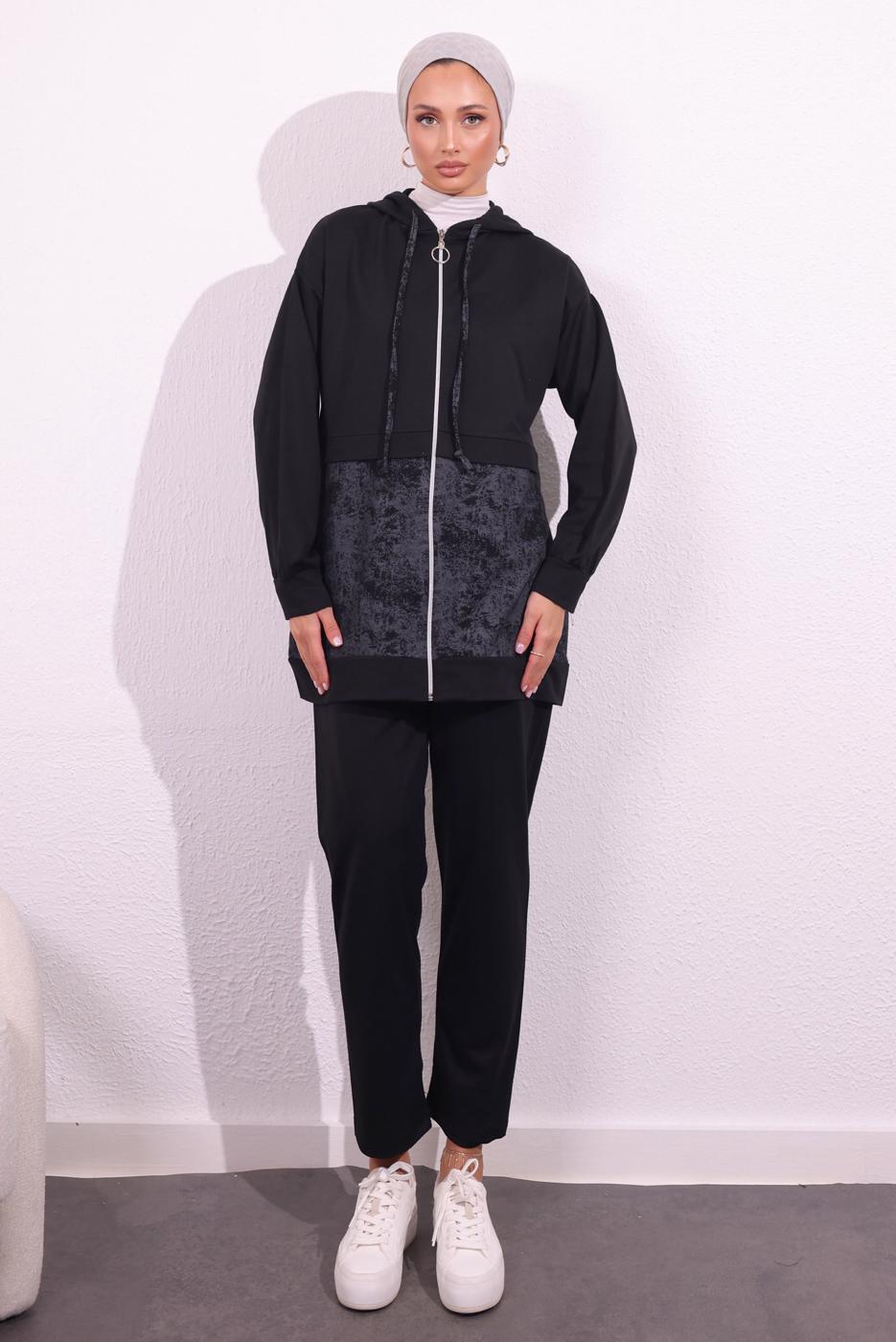 Tesettür giyim SİYAH İKİ İPLİK PANTOLONLU TAKIM T 8754