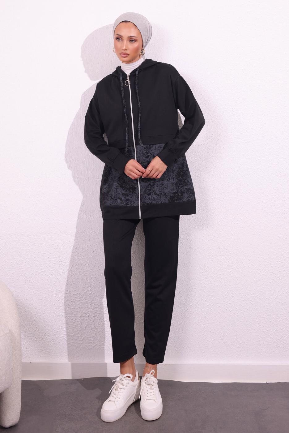 Tesettür giyim SİYAH İKİ İPLİK PANTOLONLU TAKIM T 8754