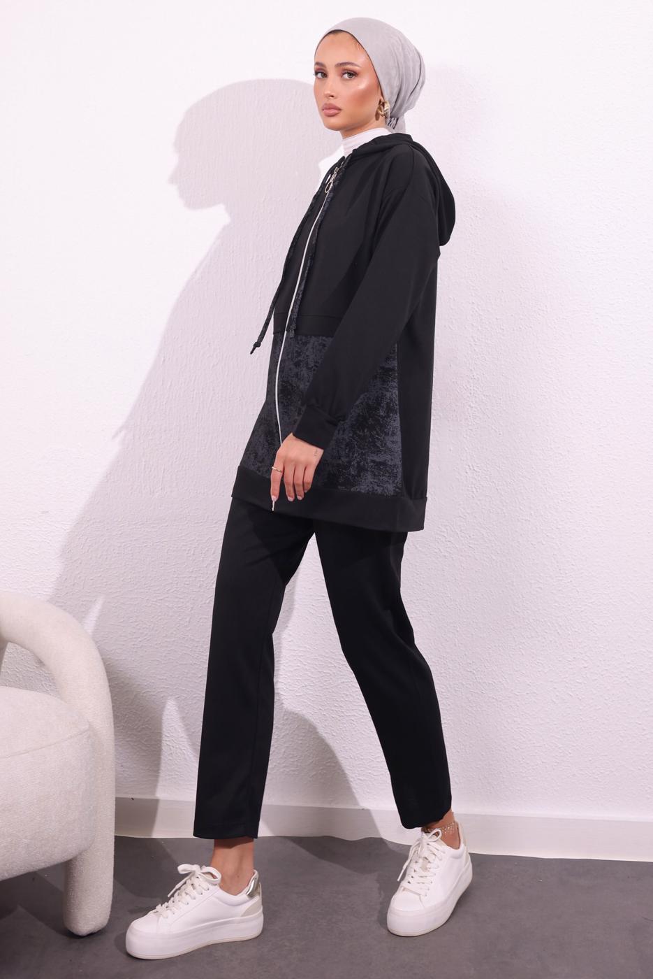 Tesettür giyim SİYAH İKİ İPLİK PANTOLONLU TAKIM T 8754