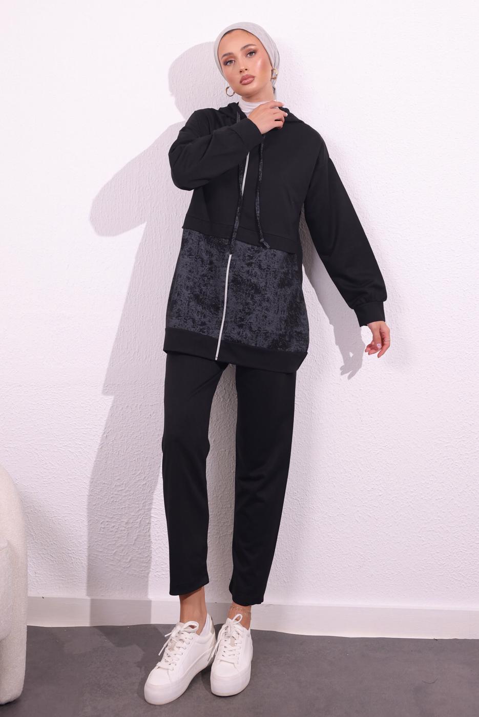 Tesettür giyim SİYAH İKİ İPLİK PANTOLONLU TAKIM T 8754