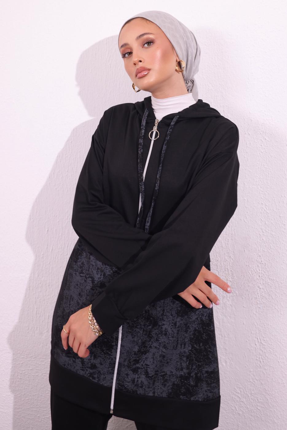 Tesettür giyim SİYAH İKİ İPLİK PANTOLONLU TAKIM T 8754