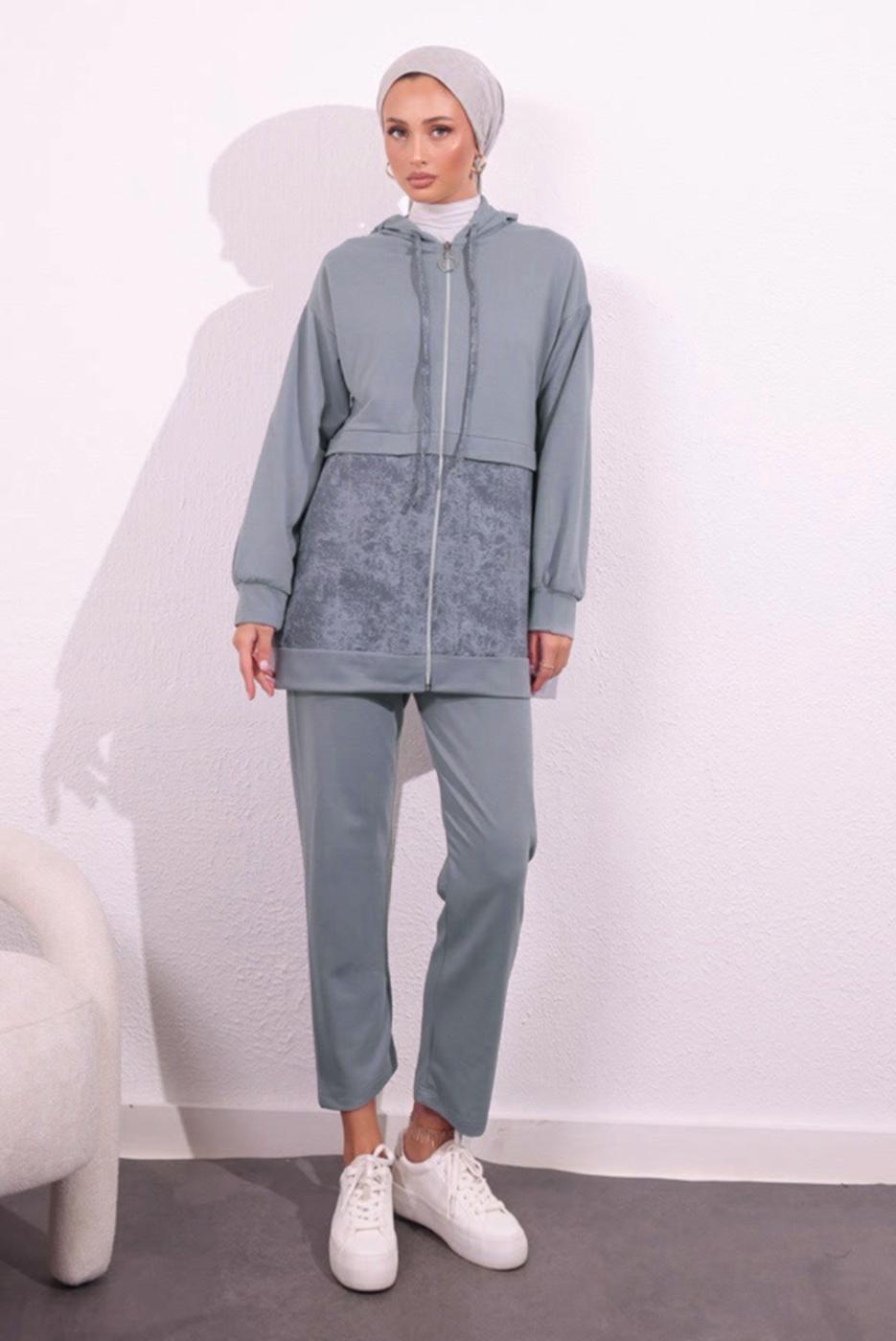 Tesettür giyim GRİ İKİ İPLİK PANTOLONLU TAKIM T 8754