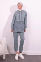 Tesettür giyim GRİ İKİ İPLİK PANTOLONLU TAKIM T 8754