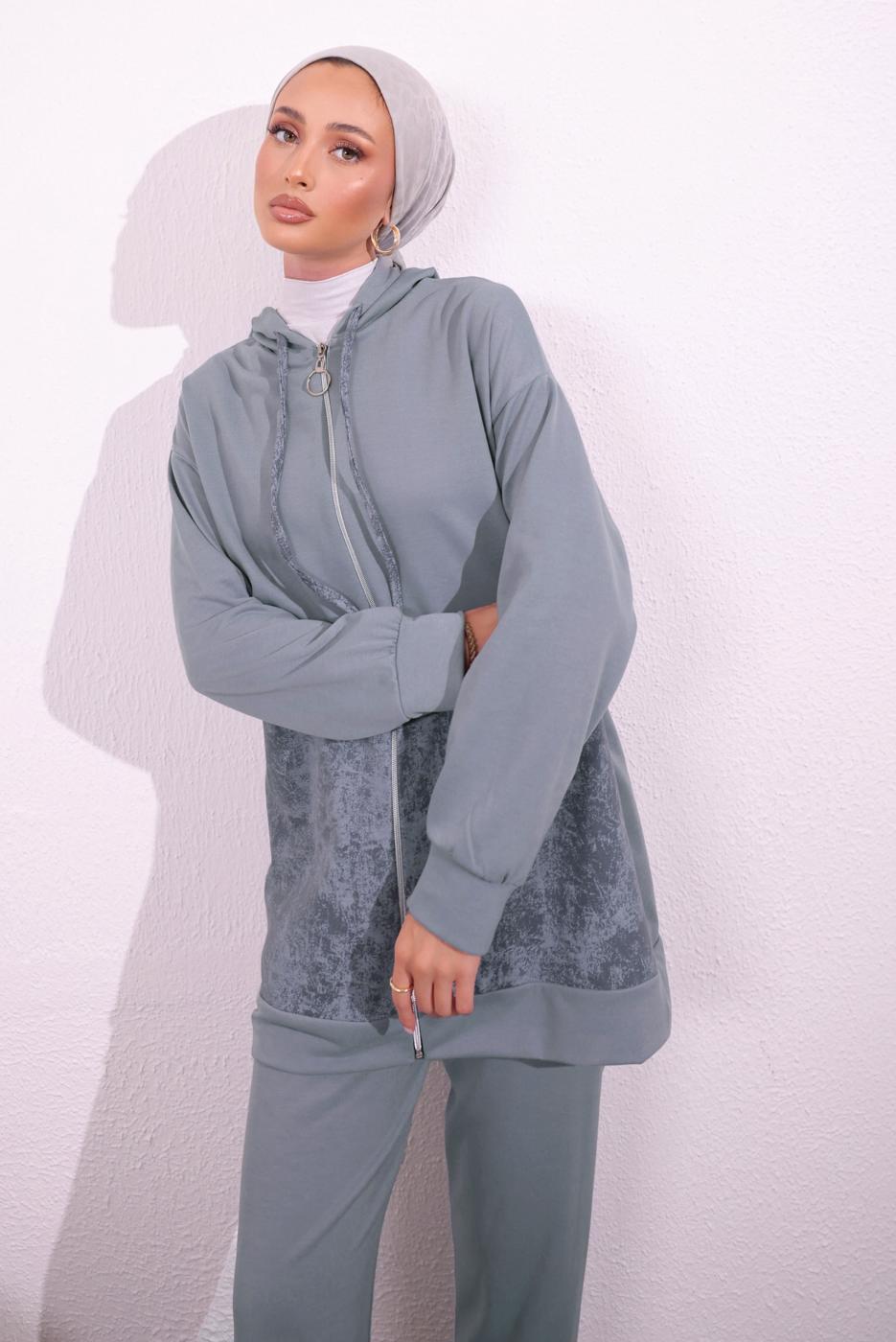 Tesettür giyim GRİ İKİ İPLİK PANTOLONLU TAKIM T 8754