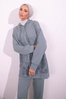 Tesettür giyim GRİ İKİ İPLİK PANTOLONLU TAKIM T 8754