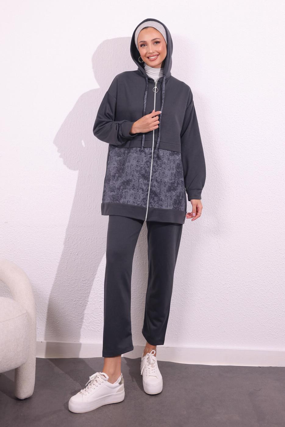 Hijab clothing GREY HOODED PANTS SUIT T 8754