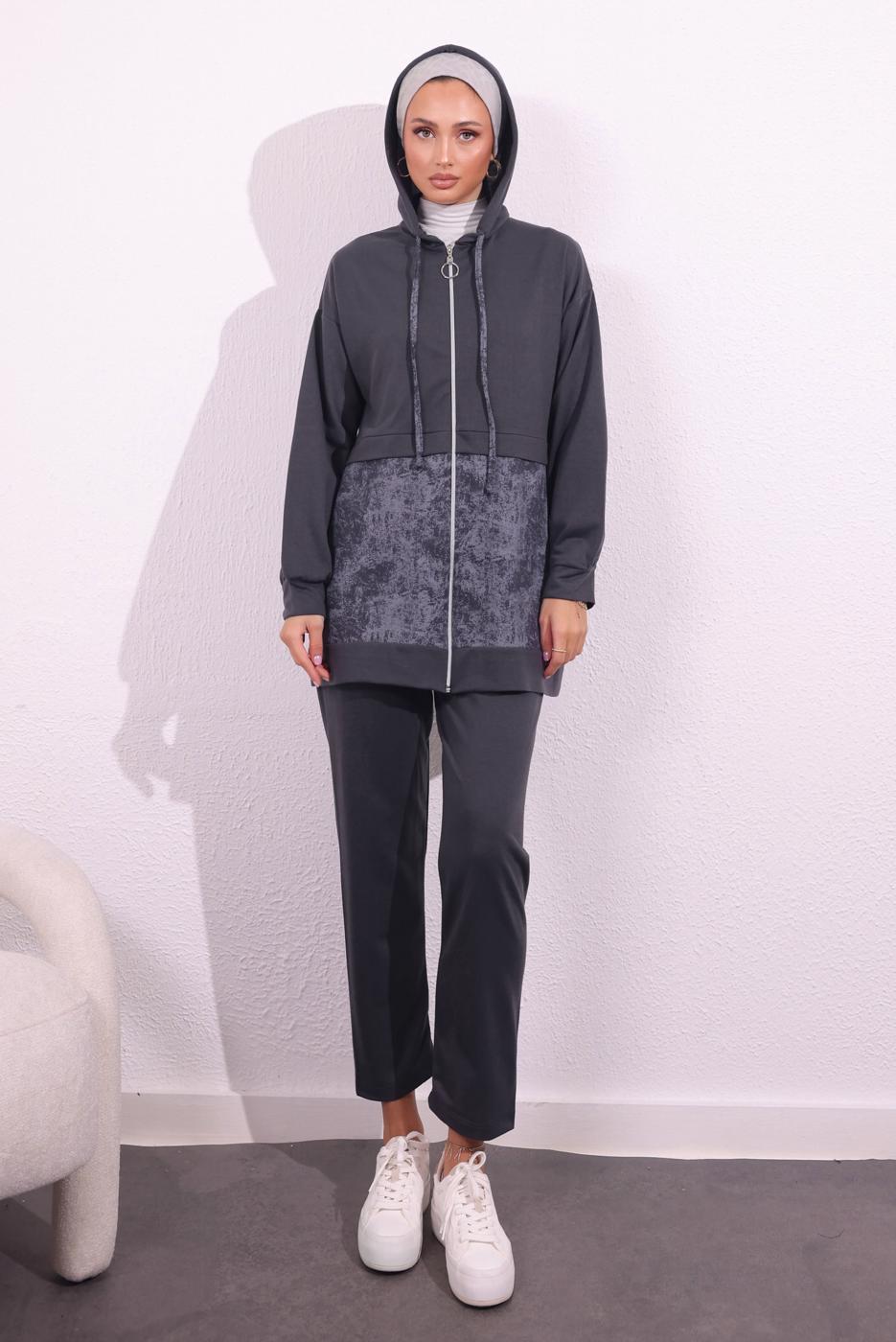 Hijab clothing GREY HOODED PANTS SUIT T 8754