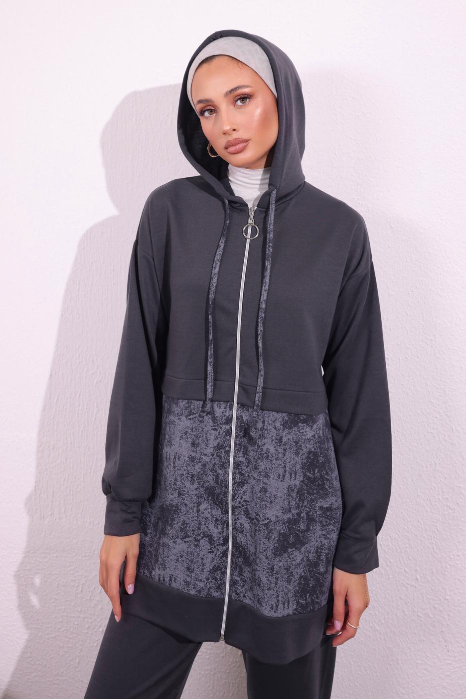 Hijab clothing GREY HOODED PANTS SUIT T 8754