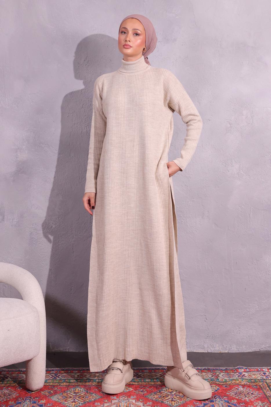 Tesettür giyim BEJ PANTOLONLU TRİKO TAKIM T 8809